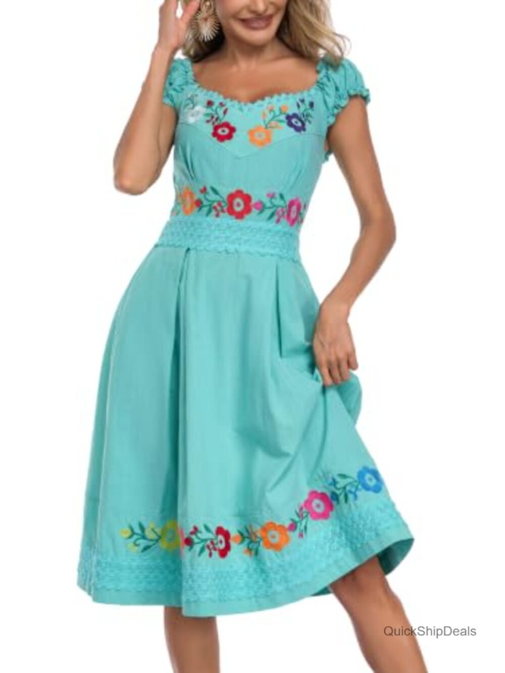 Embroidered Boho A-Line Midi Dress Ruffle Sleeve Casual Party